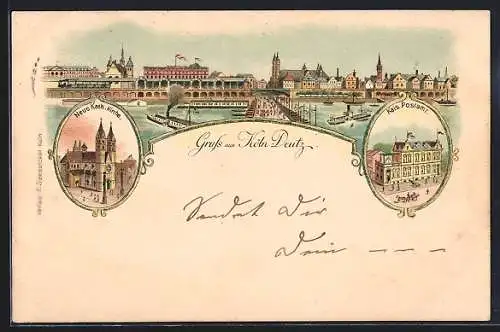 Lithographie Köln-Deutz, Kais. Postamt, Neue kath. Kirche, Panorama mit Brücke und Schiffen