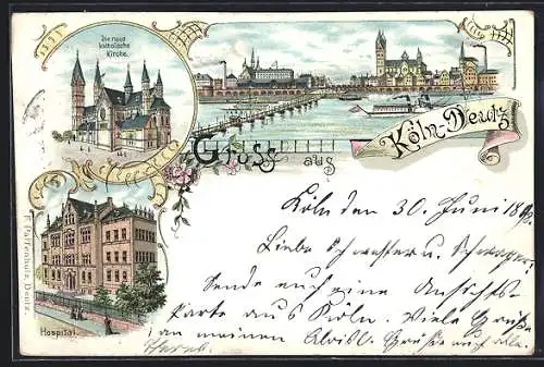 Lithographie Köln-Deutz, Hospital, Panorama mit Rheinbrücke und Dampfer