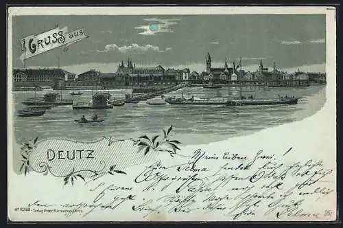 Lithographie Köln-Deutz, Blick zum Ort, Dampfer