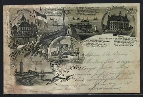 Mondschein-Lithographie Cuxhaven, Schloss Ritzebüttel, Postamt, Leuchtturm u. Seepavillon, Hummer