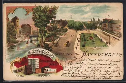 Lithographie Hannover, Werbung B. Sprengel Biscuits, Ortspartie