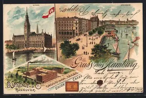 Lithographie Hamburg-Neustadt, Rathaus, Jungfernstieg