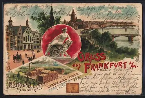 Lithographie Frankfurt, Keks-Fabrik von B. Sprengel & Co, Union Cakes, Ortsansicht