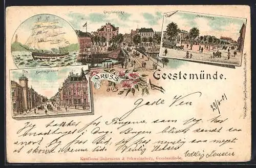 Lithographie Geestemünde, Marktplatz mit Pferdebahn, Geestebrücke mit Ortsansicht