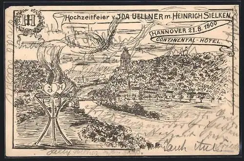 Künstler-AK Hannover, Hochzeitfeier Ida Zellner u. Heinrich Sielken 1900, Ortsansicht, Gefäss mit brennenden Herzen