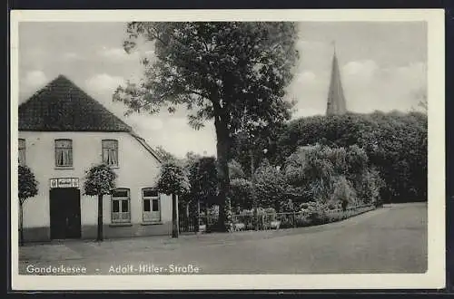 AK Ganderkesee, Strasse mit Gasthof und Kirchturm