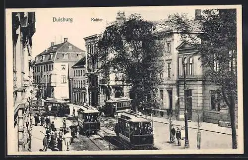 AK Duisburg, Strasse am Kuhtor mit Möbelgeschäft und Strassenbahn