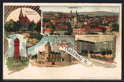 Lithographie Hagenau, Dragoner-Kaserne, Wasserturm, St. Georgskirche & alter Brunnen, Museum