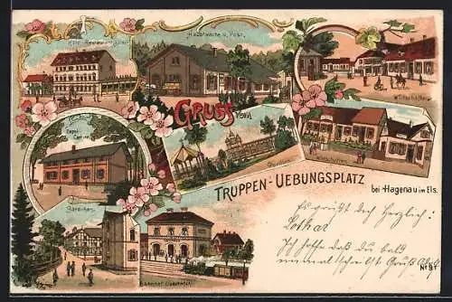 Lithographie Hagenau im Els., Truppen-Übungsplatz: Bahnhof, Restaurant Hirsch, Hauptwache u. Post