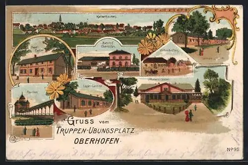 Lithographie Oberhofen, Truppen-Uebungsplatz, Lager Cantine, Pavillon, Bahnhof