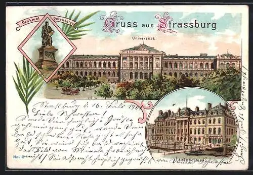 Lithographie Strassburg, Universität, Gutenberg-Denkmal, Altes Schloss