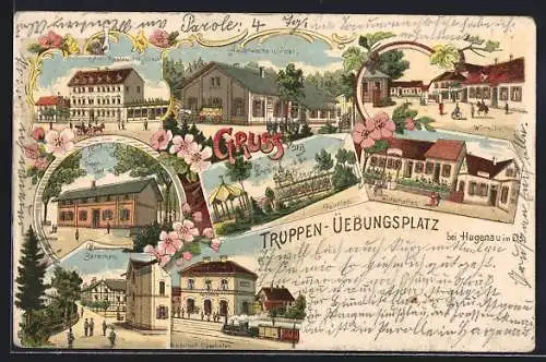 Lithographie Hagenau i. Els., Truppenübungsplatz, Hôtel Restraurant Hirsch, Hauptwache mit Post und Baracken