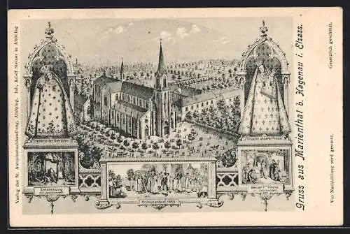 Künstler-AK Marienthal /Hagenau i. E., Krönungsfest 1859, Maria, Bau der Kirche