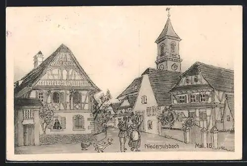 Künstler-AK Niedersulsbach, Strassenpartie mit Turm