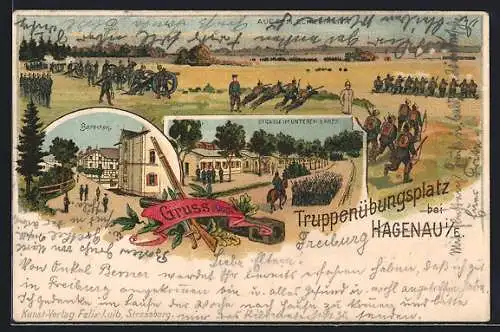 Lithographie Hagenau i. E., Truppenübungsplatz, Baracken, Manöver, Strasse im Unteren Lager