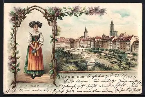 Lithographie Strassburg i. E., Elsässerin in Tracht, Hauptplatz mit Brunnen und Denkmal