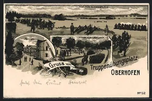 Lithographie Oberhofen, Truppenübungsplatz, Soldaten beim Manöver mit Kanonen, Baracken, Strasse im unteren Lager