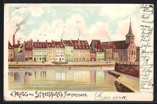 Lithographie Strassburg, Blick auf Fischerstaden