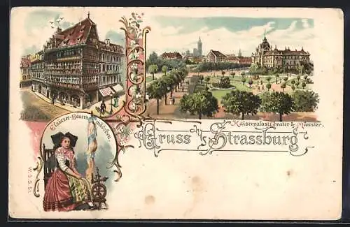 Lithographie Strassburg, Kaiserpalast, Theater, Münster