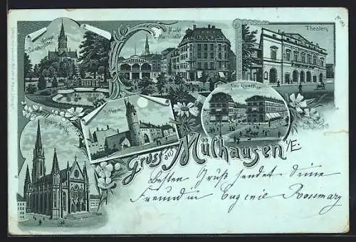 Mondschein-Lithographie Mülhausen i. E., Theater, Neu-Quartier, Bollwerk, Markt u. Markthalle