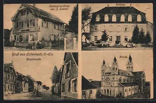 AK Lutterbach, Hauptstrasse, Spezereihandlung von J. Ladner, Kirche