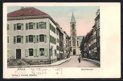 AK Altkirch, Kirchstrasse mit Kirche und Eckhaus