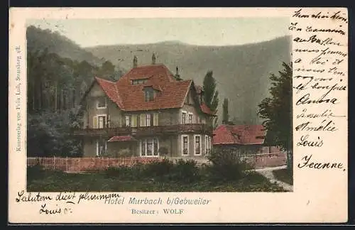 AK Murbach /Gebweiler, Hotel Murbach Wolf mit Bergkulisse