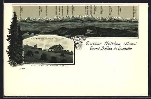 Lithographie Grosser Belchen /Elsass, Gasthaus Belchenkopf, Gipfelpanorama