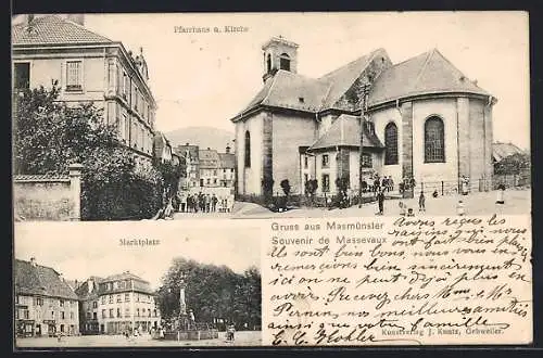 AK Masmünster, Marktplatz mit Brunnendenkmal, Pfarrhaus und Kirche