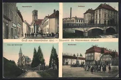 AK Masmünster /Els., Villa am Schimmel, Hauptstrasse, Rathaus mit Brücke