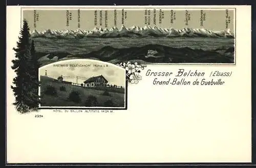 Lithographie Grosser Belchen /Elsass, Gasthaus Belchenkopf und Kapellchen, Gipfelpanorama