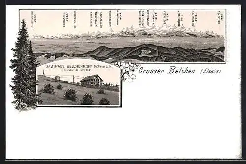 Lithographie Belchen, Blick auf das Gasthaus Belchenkopf, Blick in das umliegende Gebirge