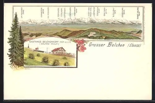 Lithographie Grosser Belchen /Elsass, Gasthaus Belchenkopf Eduard Wolf, Bergpanorama mit Eiger, Mönch und Jungfrau