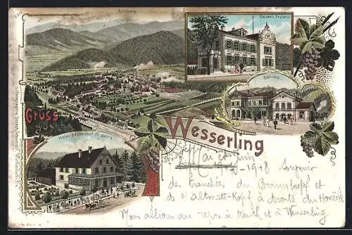 Lithographie Wesserling, Hotel-Restaurant Ph. Bentz, Bahnhof, Postamt, Gesamtansicht mit Bahnhof und Rossberg