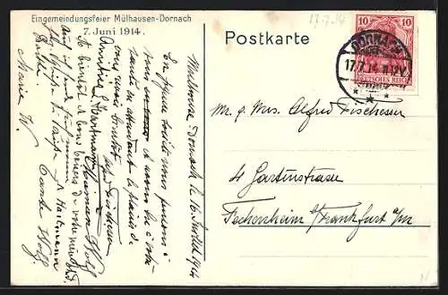 Künstler-AK Mülhausen, Eingemeindungsfeier Mülhausen-Dornach am 7. Juni 1914, Legende der Gründung v. Mülhausen