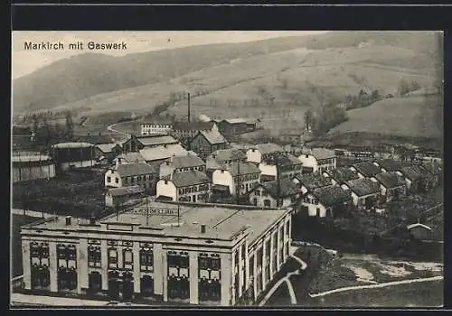 AK Markirch, Ortsansicht mit Gaswerk aus der Vogelschau