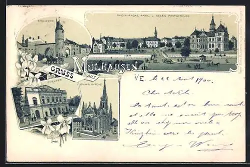 Lithographie Mülhausen, Rhein-Rhone-Kanal und Neues Postgebäude, Bollwerk, Theater