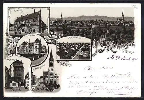 Lithographie Mülhausen, Arbeiterviertel, Rathhaus, Neue Post, Teufelsthurm, St. Stephanskirche, Totalansicht