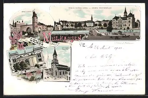 Lithographie Mülhausen, Jünglings-Lokal St. Joseph, Bollwerk, Rhein-Rhone Kanal u. neues Postgebäude