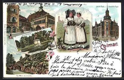 Lithographie Colmar, Hirn-Denkmal, Tunnel, Kaufhaus, Maison de Commerce