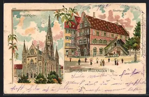 Lithographie Mülhausen, Protest. Kirche, Stadthaus