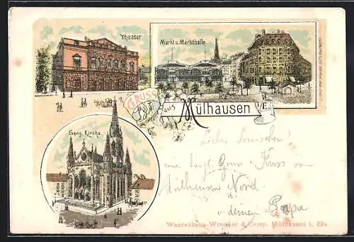 Lithographie Mülhausen, Theater, Markt und Markthalle, Evang. Kirche, Blumen, Um 1900