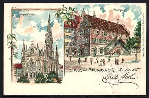 Lithographie Mülhausen, Protest. Kirche, Stadthaus