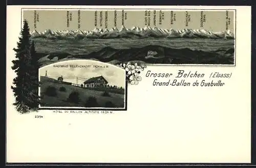 Lithographie Grosser Belchen /Elsass, Gasthaus Belchenkopf mit Kapelle, Gipfelpanorama