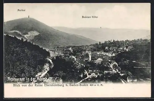 AK Baden-Baden, Blick von der Ruine Ebersteinburg, Restaurant in der Ruine