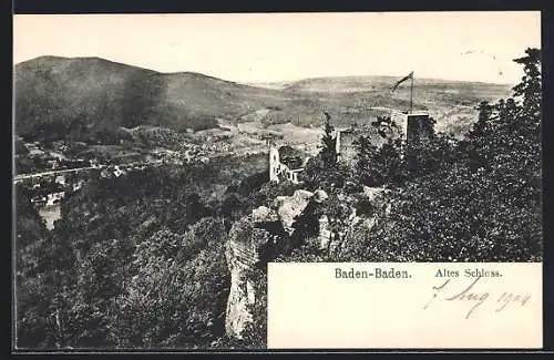 AK Baden-Baden, Altes Schloss und Ort aus der Vogelschau