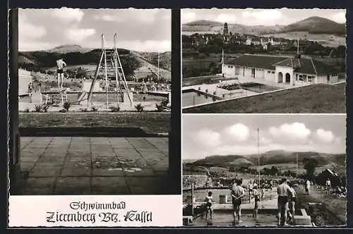 AK Zierenberg, Schwimmbad mit Sprungturm und Ortsblick