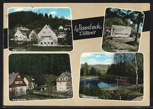 AK Wissenbach, Panorama, Ehrenmal, Waldpartie, Schwimmbad