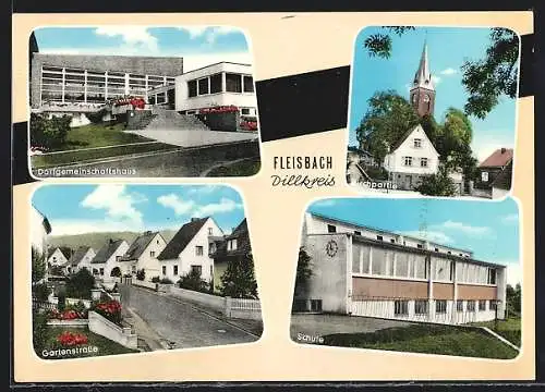 AK Fleisbach /Dillkreis, Dorfgemeinschaftshaus, Schule, Kirchpartie