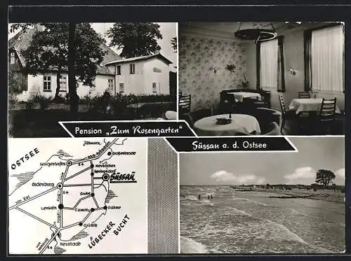 AK Süssau a. d. Ostsee, Pension Zum Rosengarten, Innenansicht, Landkarte mit Cismar, Neustadt und Oldenburg